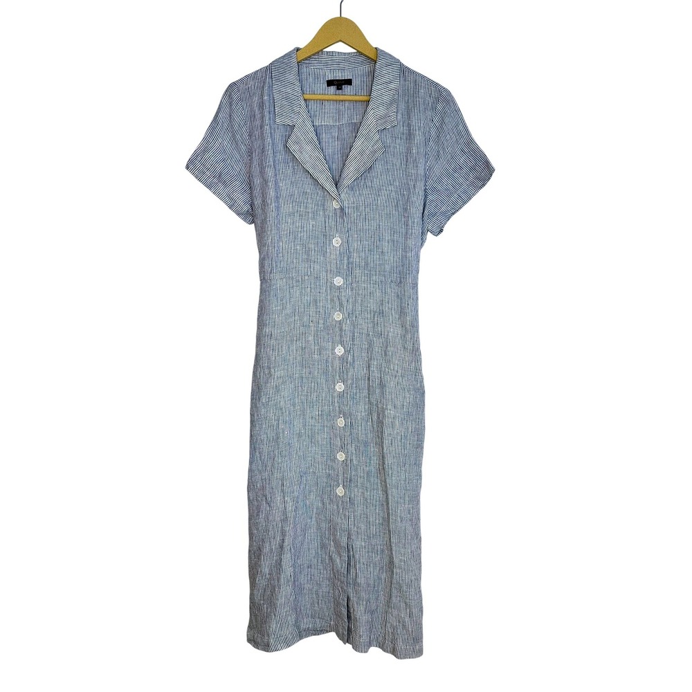 Quince European Linen Button Front Striped Dress Women M Blue Coastal Classic - Picture 2 of 8